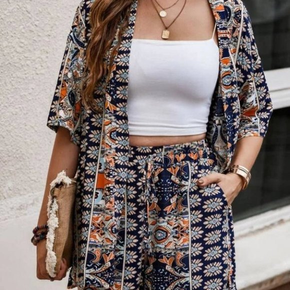 private label Tops - Boho Blue Paisley Open Front Kimono Top & Shorts Set